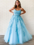A Line Blue Spaghetti Straps Appliques Tulle Prom Dress LBQ2004
